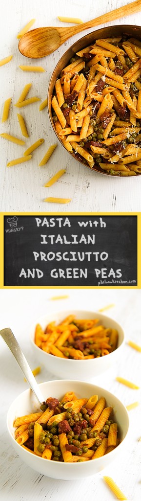 Pasta with ham and green pea sauce - penne prosciutto e piselli