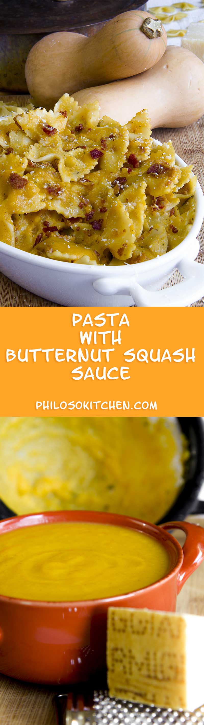 FARFALLE PASTA with butternut squash sauce and bacon flakes